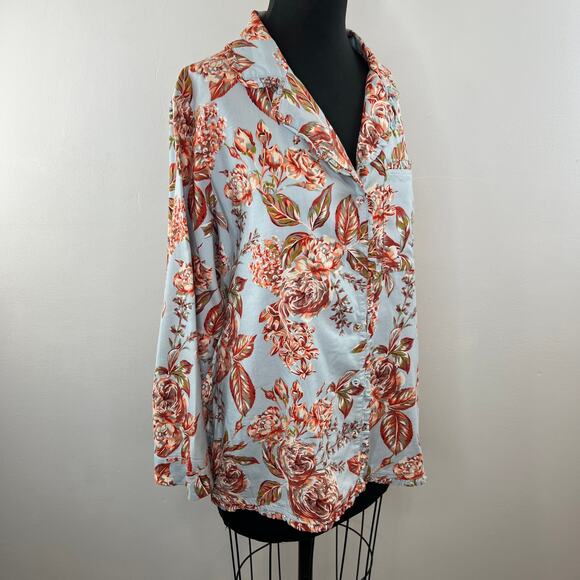 Soft Surroundings Blue Pink Floral Button-Up Sleep Shirt Cotton Blend Ruffle L - Picture 2 of 5